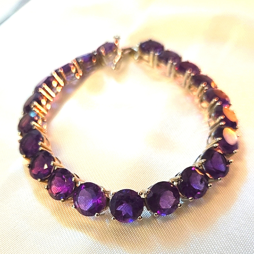 Amethyst and 925 Sterling Silver and Stainless Steel Bracelet with Safety Clasp